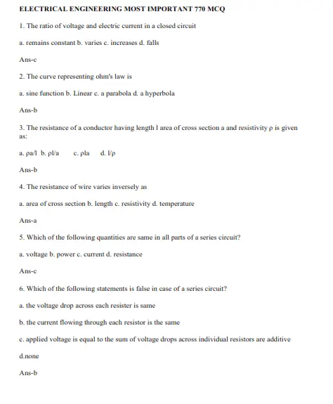 Electrical Engineering 770 MCQs