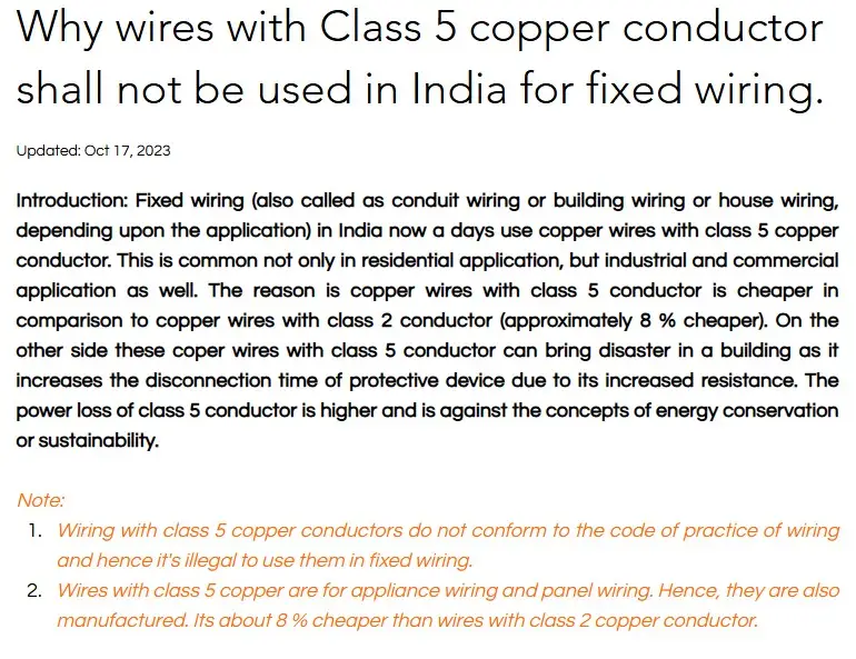 Why wires with Class 5 copper conductor shall not be used in India for fixed wiring?